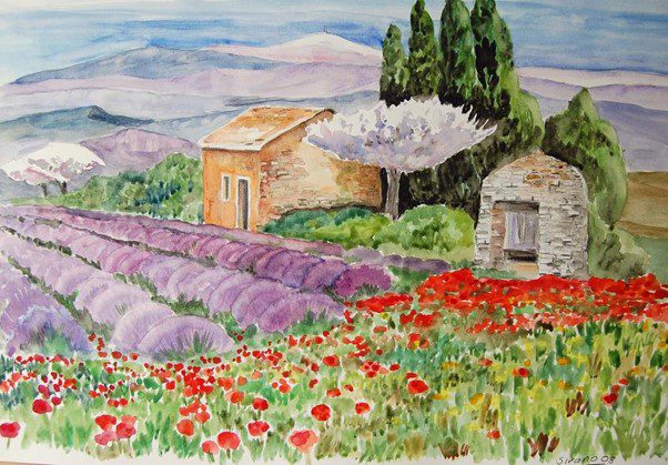 watercolor painting of fields