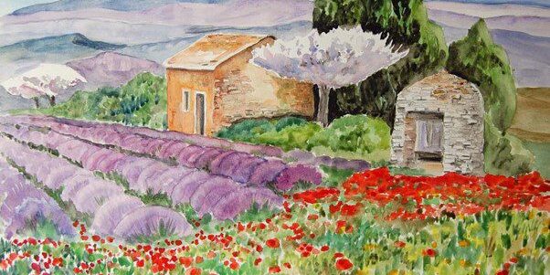 watercolor painting of fields